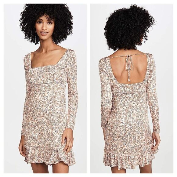 Free People Boheme Floral Mini Dress Square Neck Long Sleeve Pink Cream Size 6 - Picture 1 of 7